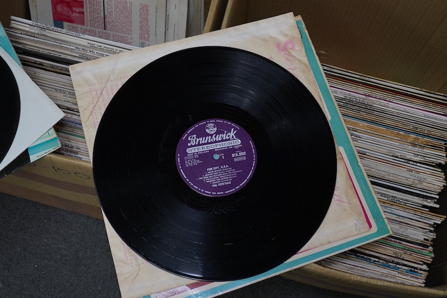 Two boxes of LP record albums, including a selection of 10 inch albums, compilations, including Soul compilations, Rhythm and Blues, etc., artists include; Gene Pitney, Lee Dorsey, Dinah Washington, Frankie Laine, Hank W